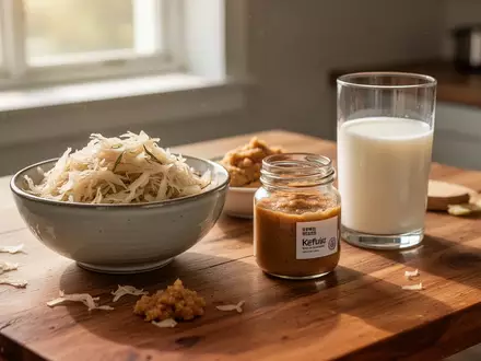 Eine Auswahl gesunder, fermentierter Lebensmittel wie Sauerkraut, Miso und Kefir auf einem Holztisch. - Foto: über boerse-global.de