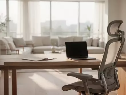 Ein moderner, aufgeräumter Homeoffice-Arbeitsplatz mit Laptop und ergonomischem Stuhl in einem hellen, lichtdurchfluteten Raum. - Foto: über boerse-global.de