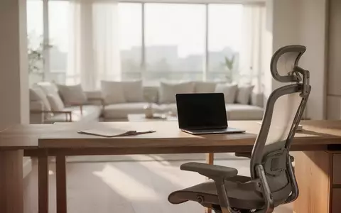 Ein moderner, aufgeräumter Homeoffice-Arbeitsplatz mit Laptop und ergonomischem Stuhl in einem hellen, lichtdurchfluteten Raum. - Foto: über boerse-global.de