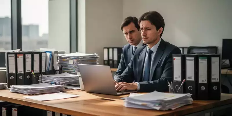 Ein gestresster Büroangestellter sitzt an einem Schreibtisch mit zahlreichen Aktenordnern und Unterlagen. - Foto: über boerse-global.de