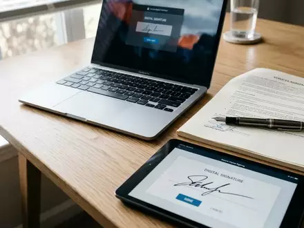 Ein moderner Schreibtisch mit Laptop, einem Füllfederhalter und einem Tablet, das eine digitale Signaturoberfläche anzeigt. - Foto: über boerse-global.de