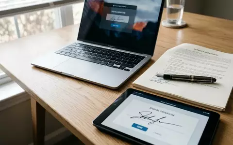 Ein moderner Schreibtisch mit Laptop, einem Füllfederhalter und einem Tablet, das eine digitale Signaturoberfläche anzeigt. - Foto: über boerse-global.de
