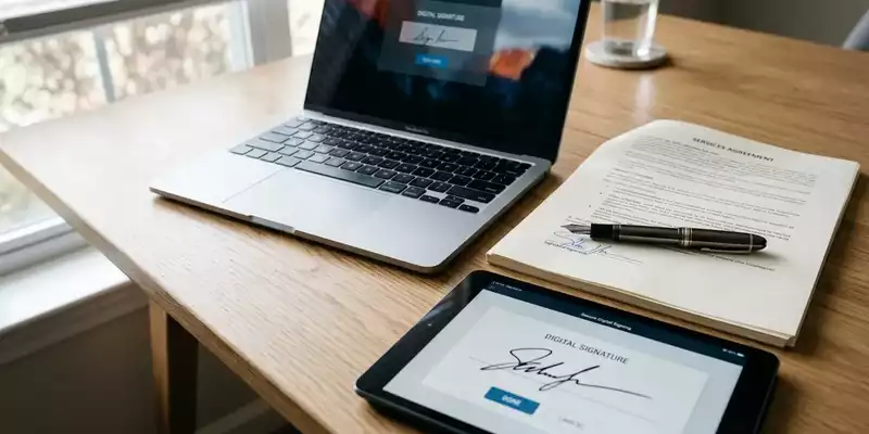 Ein moderner Schreibtisch mit Laptop, einem Füllfederhalter und einem Tablet, das eine digitale Signaturoberfläche anzeigt. - Foto: über boerse-global.de