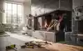 Ein Handwerker baut einen Kamin in einem modernen Wohnzimmer ein. - Foto: über boerse-global.de