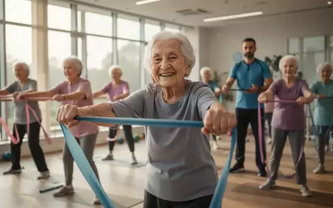 Eine Gruppe fröhlicher Senioren bei einer Gymnastikstunde in einem hellen Gemeindesaal. - Foto: über boerse-global.de