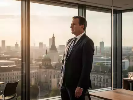 Ein Politiker blickt in einem sonnendurchfluteten Büro auf eine sommerliche Stadtlandschaft bei extremer Hitze. - Foto: über boerse-global.de