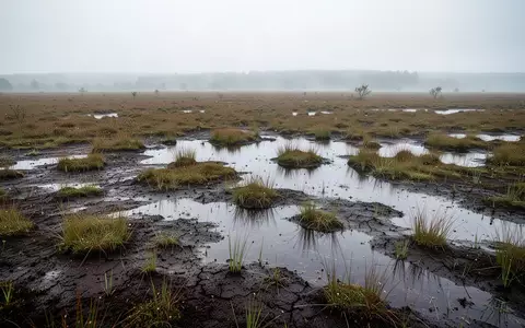 Weite, teilweise wiedervernässte Moorlandschaft mit dunklen Torfböden und typischer Sumpfvegetation bei bedecktem Himmel. - Foto: über boerse-global.de