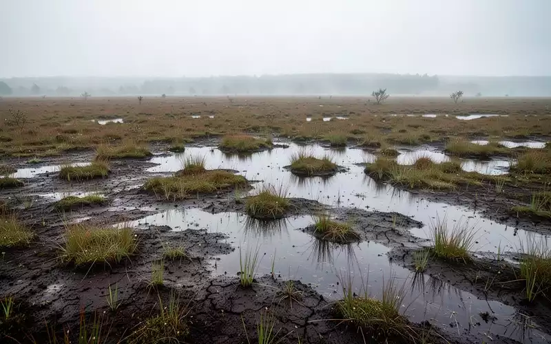 Weite, teilweise wiedervernässte Moorlandschaft mit dunklen Torfböden und typischer Sumpfvegetation bei bedecktem Himmel. - Foto: über boerse-global.de