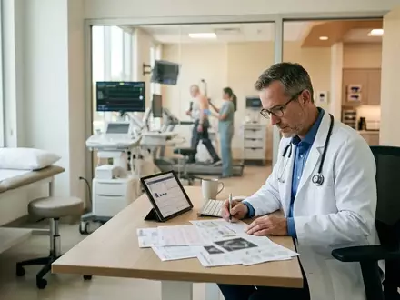 Ein Arzt in einer modernen medizinischen Praxis bei der Auswertung von Patientendaten zur kardiovaskulären Vorsorge. - Foto: über boerse-global.de