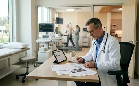 Ein Arzt in einer modernen medizinischen Praxis bei der Auswertung von Patientendaten zur kardiovaskulären Vorsorge. - Foto: über boerse-global.de
