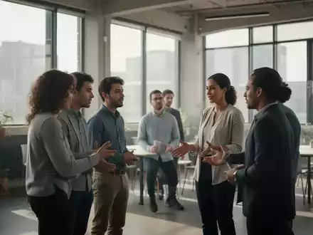 Professionelle Geschäftsleute im Gespräch während eines Netzwerktreffens in einem modernen Bürogebäude. - Foto: über boerse-global.de