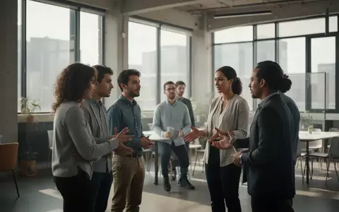 Professionelle Geschäftsleute im Gespräch während eines Netzwerktreffens in einem modernen Bürogebäude. - Foto: über boerse-global.de