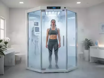 Eine Person steht in einer modernen Ganzkörper-Kältetherapiekammer in einer hellen medizinischen Einrichtung. - Foto: über boerse-global.de