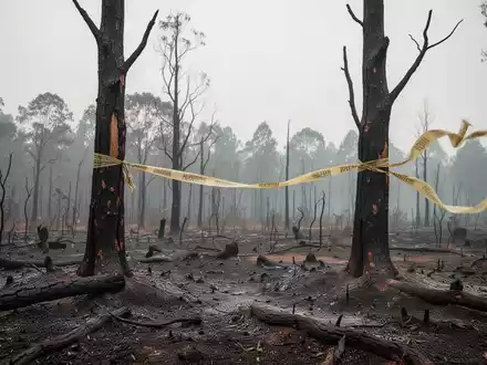 Verbrannter Wald mit verkohlten Baumstämmen und Absperrband in einem trockenen Waldbrandgebiet. - Foto: über boerse-global.de