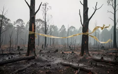 Verbrannter Wald mit verkohlten Baumstämmen und Absperrband in einem trockenen Waldbrandgebiet. - Foto: über boerse-global.de