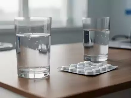 Ein unbeschrifteter Blister mit Medikamenten und ein Glas Wasser auf einem Schreibtisch in einer Arztpraxis. - Foto: über boerse-global.de