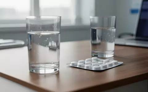 Ein unbeschrifteter Blister mit Medikamenten und ein Glas Wasser auf einem Schreibtisch in einer Arztpraxis. - Foto: über boerse-global.de