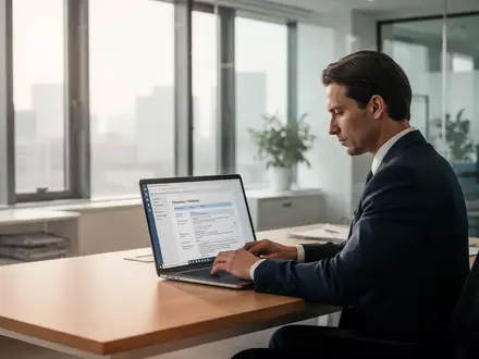 Eine Person arbeitet an einem Laptop in einem modernen, hellen Büro an Unterlagen zur betrieblichen Altersvorsorge. - Foto: über boerse-global.de