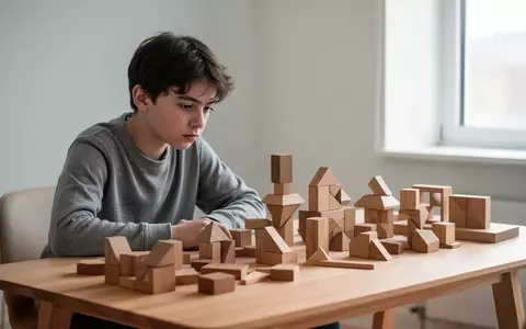 Eine junge Person betrachtet nachdenklich komplexe geometrische Formen an einem Schreibtisch bei natürlichem Licht. - Foto: über boerse-global.de