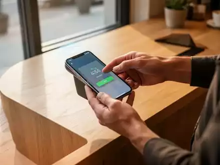 Nahaufnahme einer Person, die mit einem Smartphone kontaktlos an einem modernen Kassentresen in einem Café bezahlt. - Foto: über boerse-global.de