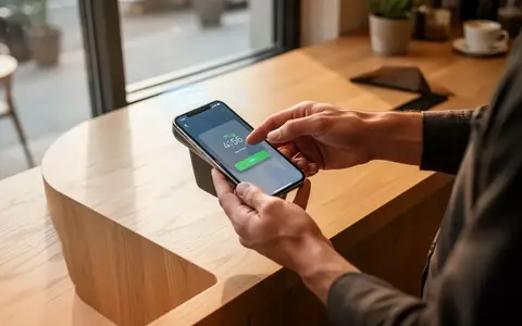 Nahaufnahme einer Person, die mit einem Smartphone kontaktlos an einem modernen Kassentresen in einem Café bezahlt. - Foto: über boerse-global.de