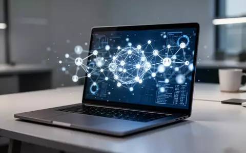Abstrakte digitale Netzwerkgrafik auf einem Laptop-Bildschirm in einem modernen Büro. - Foto: über boerse-global.de