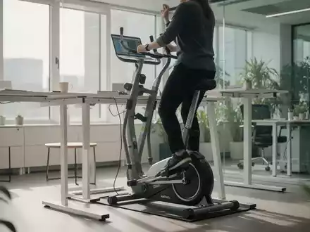 Ein moderner, heller Büroarbeitsplatz mit einem integrierten kompakten Crosstrainer für Bewegung am Schreibtisch. - Foto: über boerse-global.de
