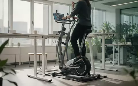 Ein moderner, heller Büroarbeitsplatz mit einem integrierten kompakten Crosstrainer für Bewegung am Schreibtisch. - Foto: über boerse-global.de