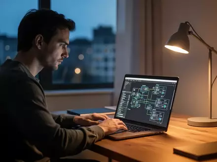 Ein IT-Fachkraft arbeitet abends an einem Laptop in einem modernen, hell beleuchteten Heimbüro an komplexen Systemdiagrammen. - Foto: über boerse-global.de