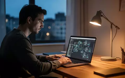 Ein IT-Fachkraft arbeitet abends an einem Laptop in einem modernen, hell beleuchteten Heimbüro an komplexen Systemdiagrammen. - Foto: über boerse-global.de