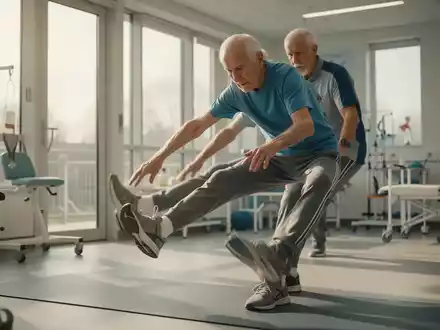Ein älterer Mann führt in einem hellen Rehabilitationszentrum physiotherapeutische Übungen zum Muskelaufbau durch. - Foto: über boerse-global.de