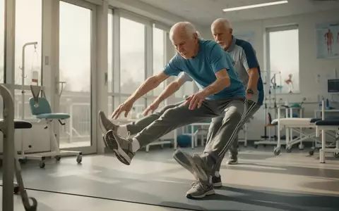 Ein älterer Mann führt in einem hellen Rehabilitationszentrum physiotherapeutische Übungen zum Muskelaufbau durch. - Foto: über boerse-global.de