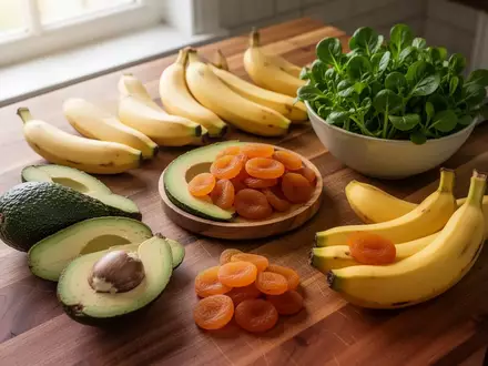 Eine Auswahl an frischen Lebensmitteln wie Avocados, Bananen, Aprikosen und Feldsalat auf einem Holztisch. - Foto: über boerse-global.de