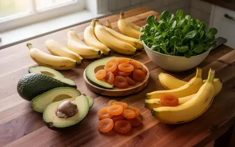 Eine Auswahl an frischen Lebensmitteln wie Avocados, Bananen, Aprikosen und Feldsalat auf einem Holztisch. - Foto: über boerse-global.de