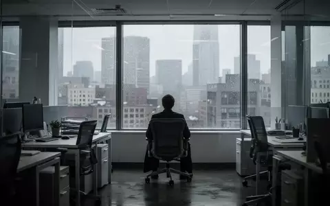Eine einzelne Person blickt nachdenklich aus einem Bürofenster auf eine regnerische Stadtlandschaft. - Foto: über boerse-global.de