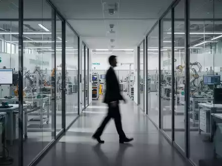 Ein moderner, heller Büroflur in einem Industrieunternehmen mit Blick auf eine Fertigungshalle im Hintergrund. - Foto: über boerse-global.de