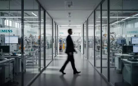 Ein moderner, heller Büroflur in einem Industrieunternehmen mit Blick auf eine Fertigungshalle im Hintergrund. - Foto: über boerse-global.de