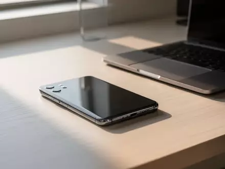 Ein modernes Smartphone liegt auf einem hellen Holztisch neben einem Laptop in einem aufgeräumten, lichtdurchfluteten Büro. - Foto: über boerse-global.de