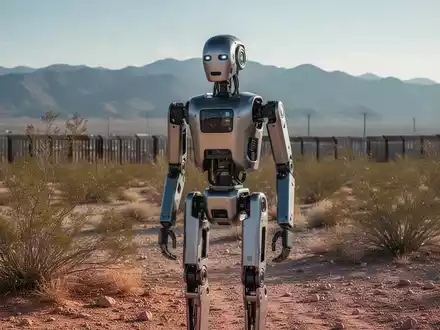 Ein humanoider Roboter steht in einer kargen Wüstenlandschaft nahe einer Grenzanlage. - Foto: über boerse-global.de