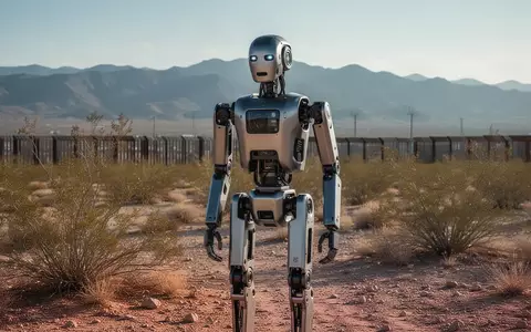 Ein humanoider Roboter steht in einer kargen Wüstenlandschaft nahe einer Grenzanlage. - Foto: über boerse-global.de
