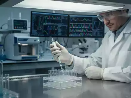 Ein Forscher arbeitet in einem modernen Labor an einer Probenplatte, während im Hintergrund Monitore mit Gensequenzen zu sehen sind. - Foto: über boerse-global.de