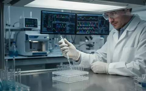 Ein Forscher arbeitet in einem modernen Labor an einer Probenplatte, während im Hintergrund Monitore mit Gensequenzen zu sehen sind. - Foto: über boerse-global.de