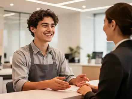 Ein junger Auszubildender im Gespräch mit einem Kunden in einer freundlichen, modernen Arbeitsumgebung. - Foto: über boerse-global.de