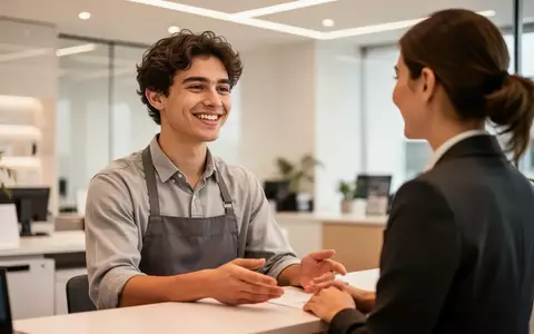 Ein junger Auszubildender im Gespräch mit einem Kunden in einer freundlichen, modernen Arbeitsumgebung. - Foto: über boerse-global.de