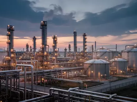 Moderne Industrie-Raffinerie bei Dämmerung mit komplexen Rohrleitungen und Tanks. - Foto: über boerse-global.de