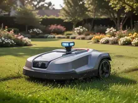Moderner Mähroboter ohne Begrenzungskabel bei der Arbeit auf einem gepflegten, grünen Rasen an einem sonnigen Tag. - Foto: über boerse-global.de