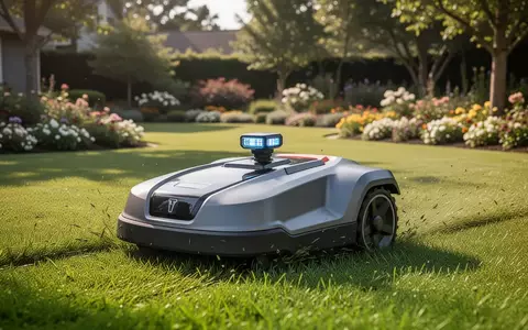 Moderner Mähroboter ohne Begrenzungskabel bei der Arbeit auf einem gepflegten, grünen Rasen an einem sonnigen Tag. - Foto: über boerse-global.de