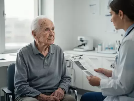 Ein älterer Patient im Gespräch mit einer medizinischen Fachkraft in einer hellen Arztpraxis. - Foto: über boerse-global.de