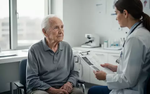 Ein älterer Patient im Gespräch mit einer medizinischen Fachkraft in einer hellen Arztpraxis. - Foto: über boerse-global.de