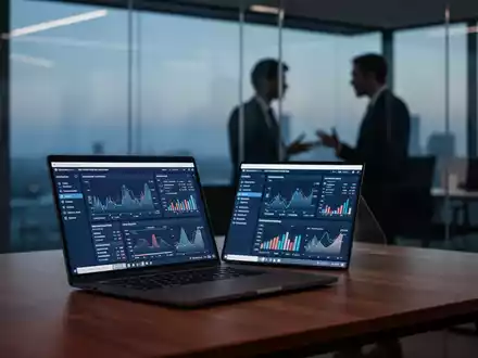 Ein moderner, minimalistischer Arbeitsplatz mit einem Laptop, auf dem Datenanalysen zu sehen sind, in einem professionellen Büro. - Foto: über boerse-global.de